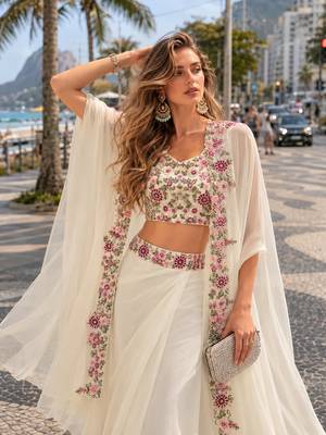 white sequins silk blend chiffon salwar suit - free size 2