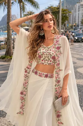 white sequins silk blend chiffon salwar suit - free size