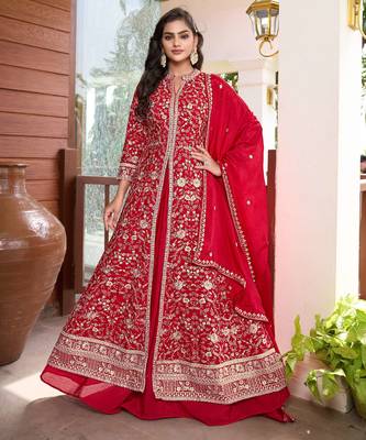 Saahmriga Red Chinon Stitched Top With lehenga and Dupatta 3/4 Sleeve Embroidered Lehenga Set 1