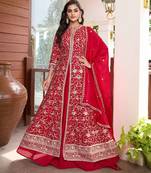 Saahmriga Red Chinon Stitched Top With lehenga and Dupatta 3/4 Sleeve Embroidered Lehenga Set