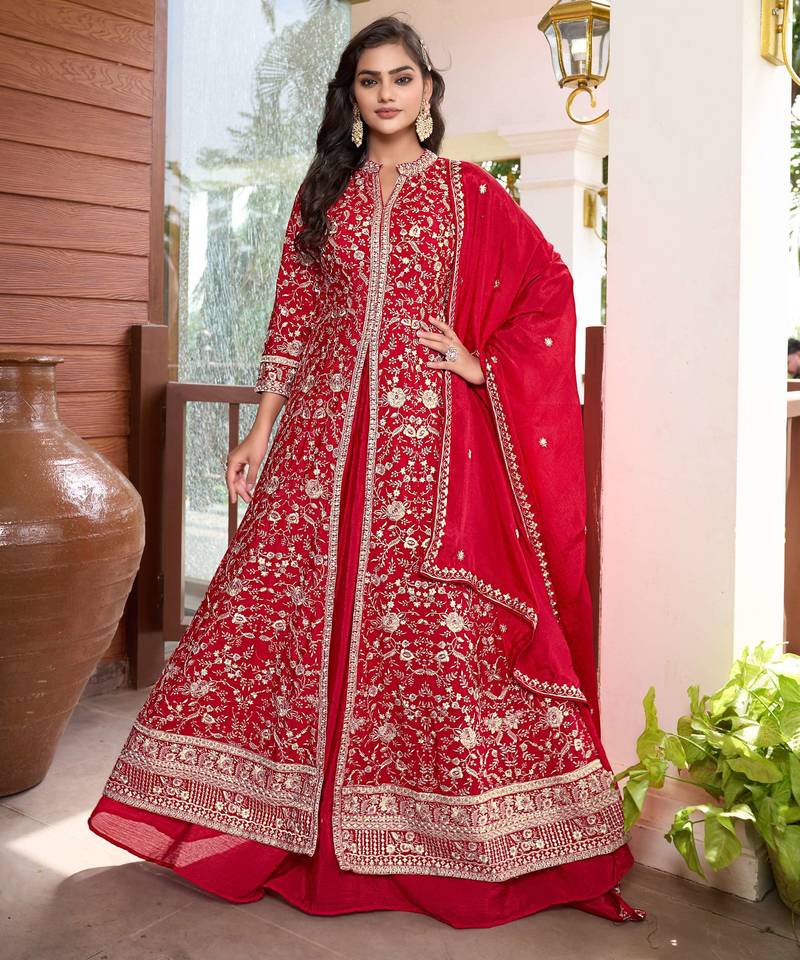 Saahmriga Red Chinon Stitched Top With lehenga and Dupatta 3/4 Sleeve Embroidered Lehenga Set