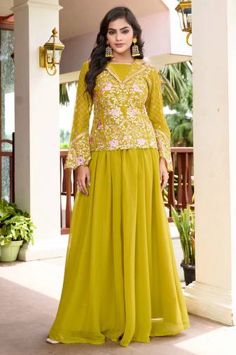 Saahmriga Yellow Georgette Stitched Top With lehenga and Dupatta Full Sleeve Embroidered Lehenga Set