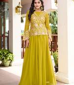 Saahmriga Yellow Georgette Stitched Top With lehenga and Dupatta Full Sleeve Embroidered Lehenga Set