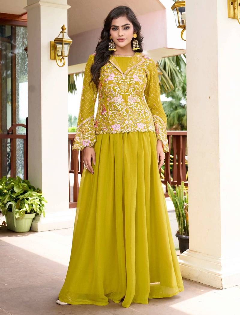 Saahmriga Yellow Georgette Stitched Top With lehenga and Dupatta Full Sleeve Embroidered Lehenga Set