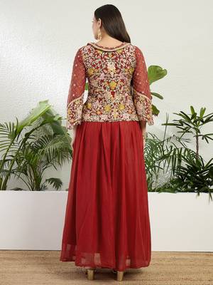 Saahmriga Red Georgette Stitched Top With lehenga and Dupatta Full Sleeve Embroidered Lehenga Set 2