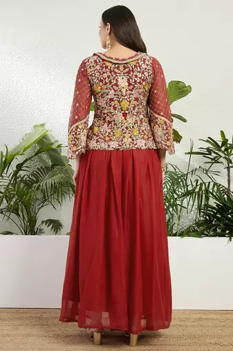 Saahmriga Red Georgette Stitched Top With lehenga and Dupatta Full Sleeve Embroidered Lehenga Set