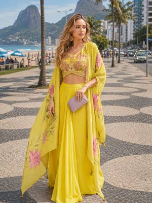 yellow sequins silk blend chiffon salwar suit - free size 1