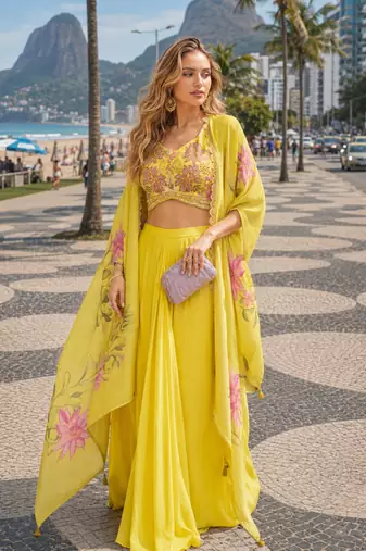 yellow sequins silk blend chiffon salwar suit - free size