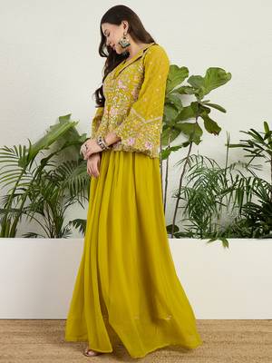 Saahmriga Yellow Georgette Stitched Top With lehenga and Dupatta Full Sleeve Embroidered Lehenga Set 3