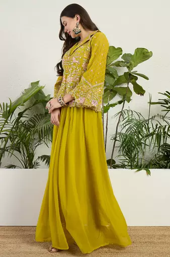Saahmriga Yellow Georgette Stitched Top With lehenga and Dupatta Full Sleeve Embroidered Lehenga Set