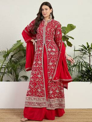 Saahmriga Red Chinon Stitched Top With lehenga and Dupatta 3/4 Sleeve Embroidered Lehenga Set 2