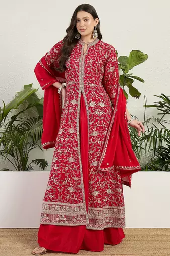 Saahmriga Red Chinon Stitched Top With lehenga and Dupatta 3/4 Sleeve Embroidered Lehenga Set