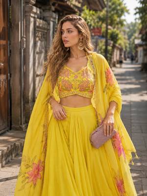 yellow sequins silk blend chiffon salwar suit - free size 2