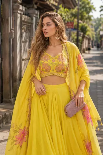 yellow sequins silk blend chiffon salwar suit - free size