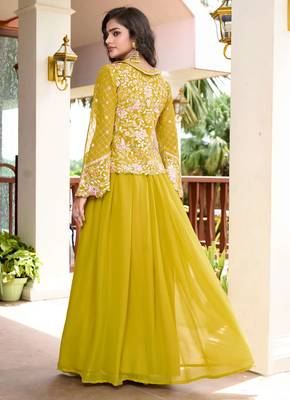Saahmriga Yellow Georgette Stitched Top With lehenga and Dupatta Full Sleeve Embroidered Lehenga Set 2