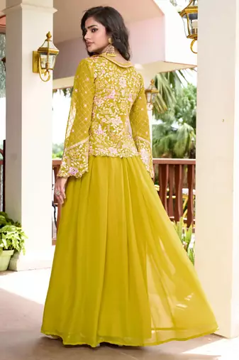 Saahmriga Yellow Georgette Stitched Top With lehenga and Dupatta Full Sleeve Embroidered Lehenga Set