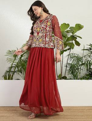 Saahmriga Red Georgette Stitched Top With lehenga and Dupatta Full Sleeve Embroidered Lehenga Set 3