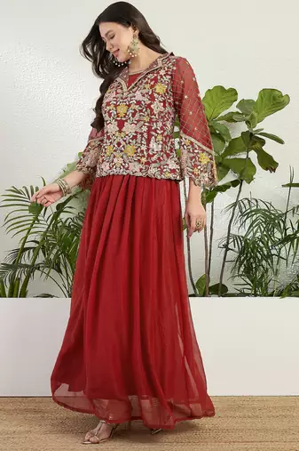 Saahmriga Red Georgette Stitched Top With lehenga and Dupatta Full Sleeve Embroidered Lehenga Set