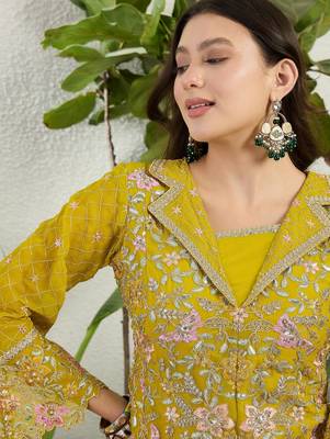 Saahmriga Yellow Georgette Stitched Top With lehenga and Dupatta Full Sleeve Embroidered Lehenga Set 4