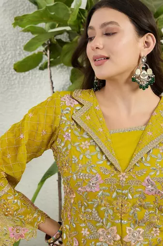 Saahmriga Yellow Georgette Stitched Top With lehenga and Dupatta Full Sleeve Embroidered Lehenga Set