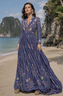 dark lavender embroidered silk blend anarkali salwar suit - free size 1