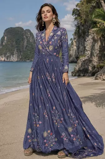 dark lavender embroidered silk blend anarkali salwar suit - free size