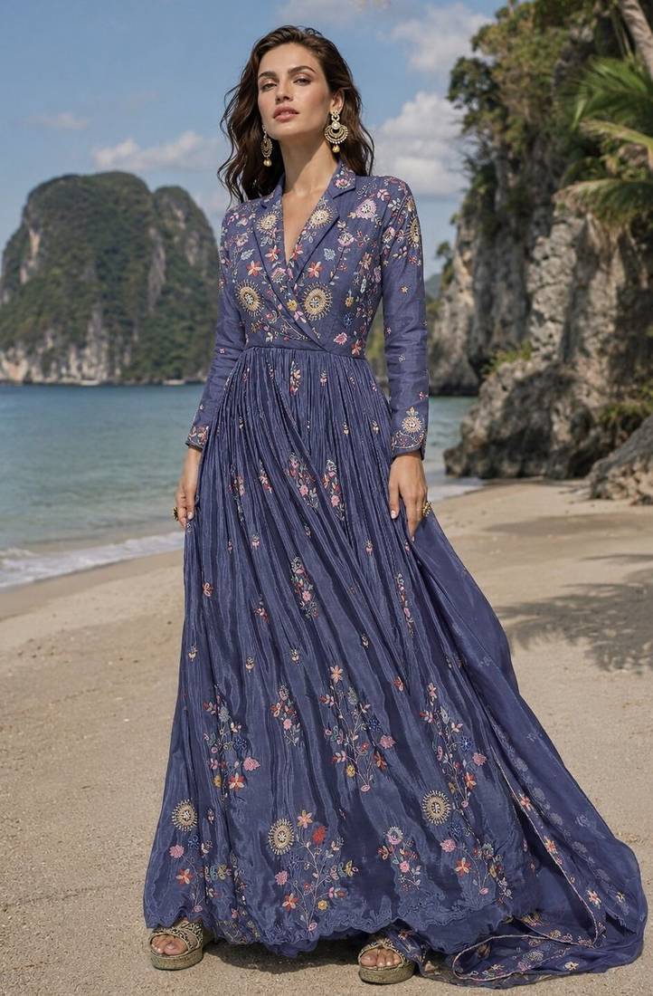 dark lavender embroidered silk blend anarkali salwar suit - free size