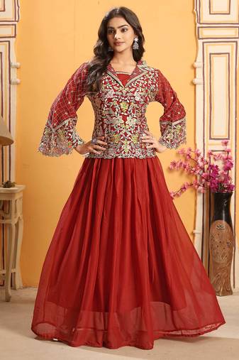 Saahmriga Red Georgette Stitched Top With lehenga and Dupatta Full Sleeve Embroidered Lehenga Set