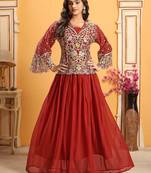 Saahmriga Red Georgette Stitched Top With lehenga and Dupatta Full Sleeve Embroidered Lehenga Set