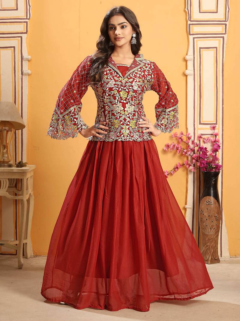 Saahmriga Red Georgette Stitched Top With lehenga and Dupatta Full Sleeve Embroidered Lehenga Set