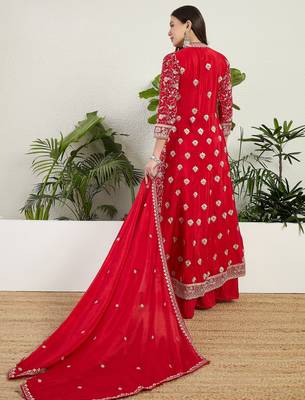 Saahmriga Red Chinon Stitched Top With lehenga and Dupatta 3/4 Sleeve Embroidered Lehenga Set 3