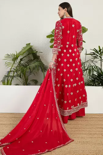 Saahmriga Red Chinon Stitched Top With lehenga and Dupatta 3/4 Sleeve Embroidered Lehenga Set