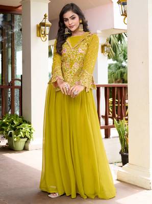 Saahmriga Yellow Georgette Stitched Top With lehenga and Dupatta Full Sleeve Embroidered Lehenga Set 3