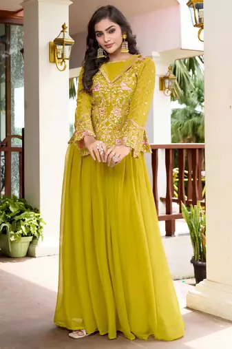 Saahmriga Yellow Georgette Stitched Top With lehenga and Dupatta Full Sleeve Embroidered Lehenga Set