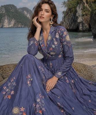 dark lavender embroidered silk blend anarkali salwar suit - free size 2