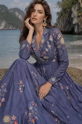 dark lavender embroidered silk blend anarkali salwar suit - free size