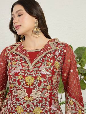 Saahmriga Red Georgette Stitched Top With lehenga and Dupatta Full Sleeve Embroidered Lehenga Set 4