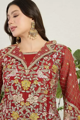 Saahmriga Red Georgette Stitched Top With lehenga and Dupatta Full Sleeve Embroidered Lehenga Set