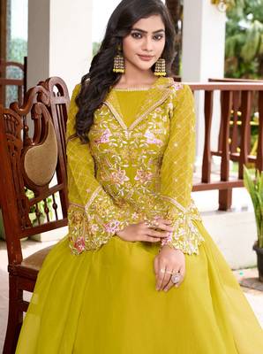 Saahmriga Yellow Georgette Stitched Top With lehenga and Dupatta Full Sleeve Embroidered Lehenga Set 4