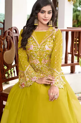 Saahmriga Yellow Georgette Stitched Top With lehenga and Dupatta Full Sleeve Embroidered Lehenga Set