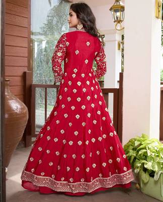 Saahmriga Red Chinon Stitched Top With lehenga and Dupatta 3/4 Sleeve Embroidered Lehenga Set 4