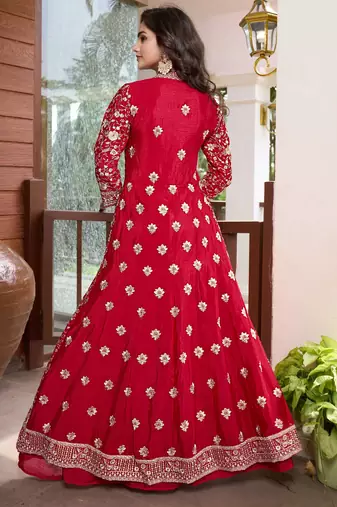 Saahmriga Red Chinon Stitched Top With lehenga and Dupatta 3/4 Sleeve Embroidered Lehenga Set