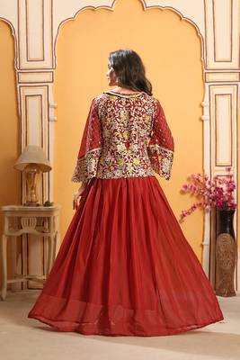 Saahmriga Red Georgette Stitched Top With lehenga and Dupatta Full Sleeve Embroidered Lehenga Set 2