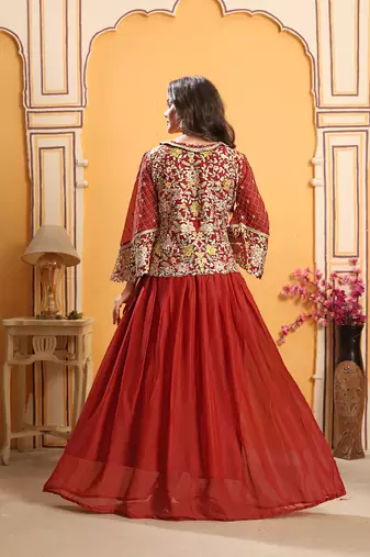 Saahmriga Red Georgette Stitched Top With lehenga and Dupatta Full Sleeve Embroidered Lehenga Set