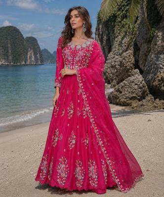 hot pink embroidered silk blend anarkali salwar suit - free size 1