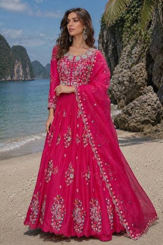 hot pink embroidered silk blend anarkali salwar suit - free size