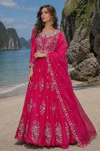hot pink embroidered silk blend anarkali salwar suit - free size