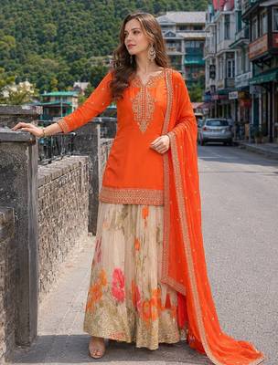 orange sequins silk blend salwar suit 1