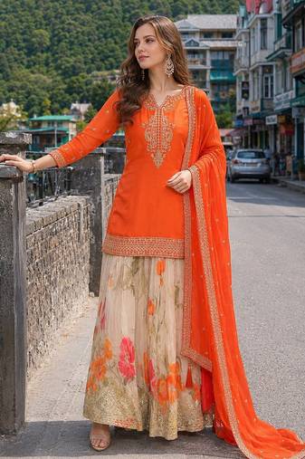 orange sequins silk blend salwar suit