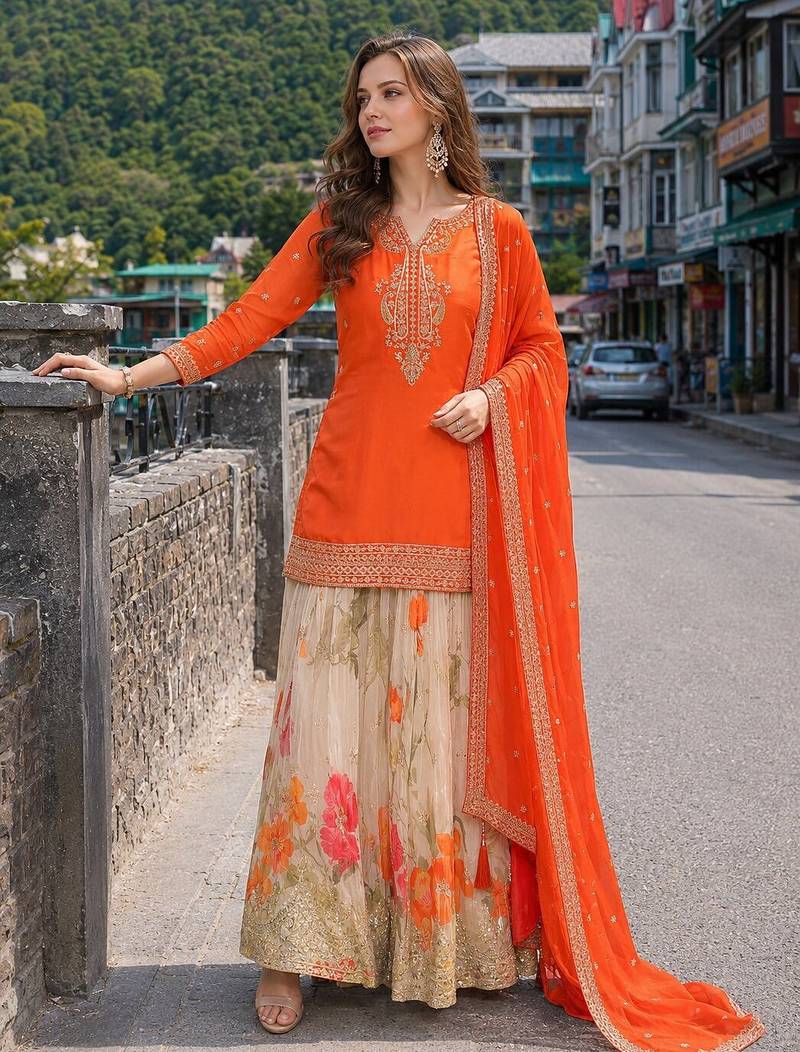 orange sequins silk blend salwar suit